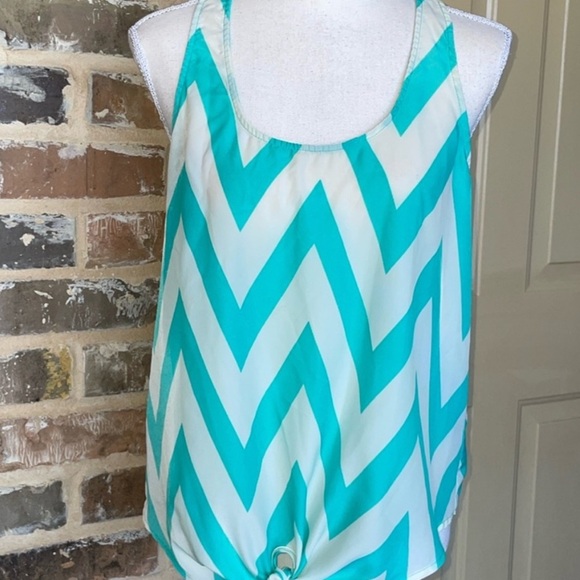 TIMING Mint Turquoise & Ivory Cream Zigzag Chevron Racerback Tie Waist Tank Sz L - Picture 10 of 10